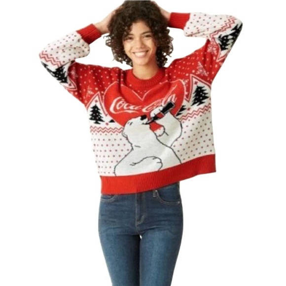 COCA COLA Size XS Snow Polarbear Sweater Cozy ChristmasTree Coke Drinking $69NEW - Picture 1 of 16